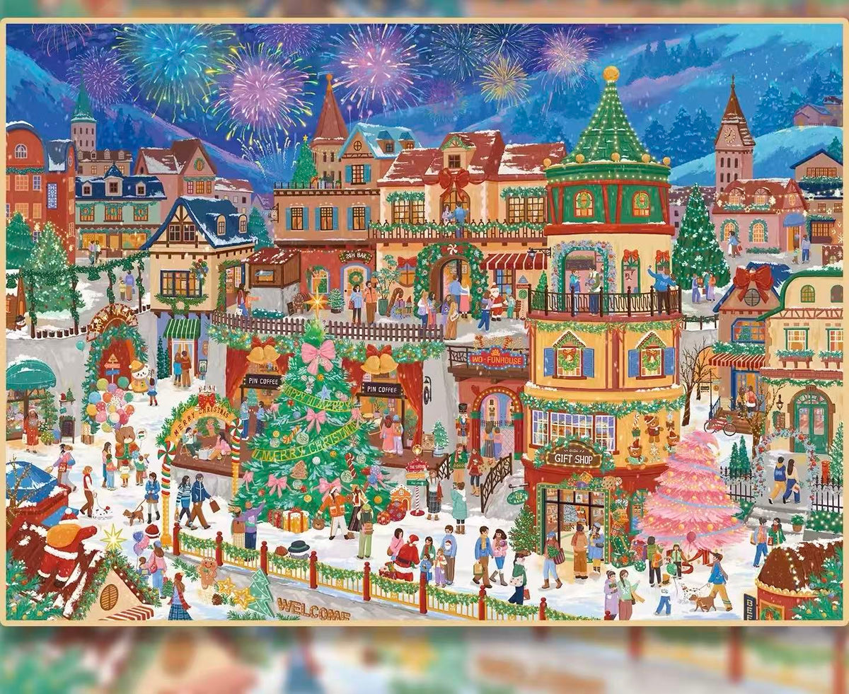 Snowy Night Market Winter 3D Landscape Sticker