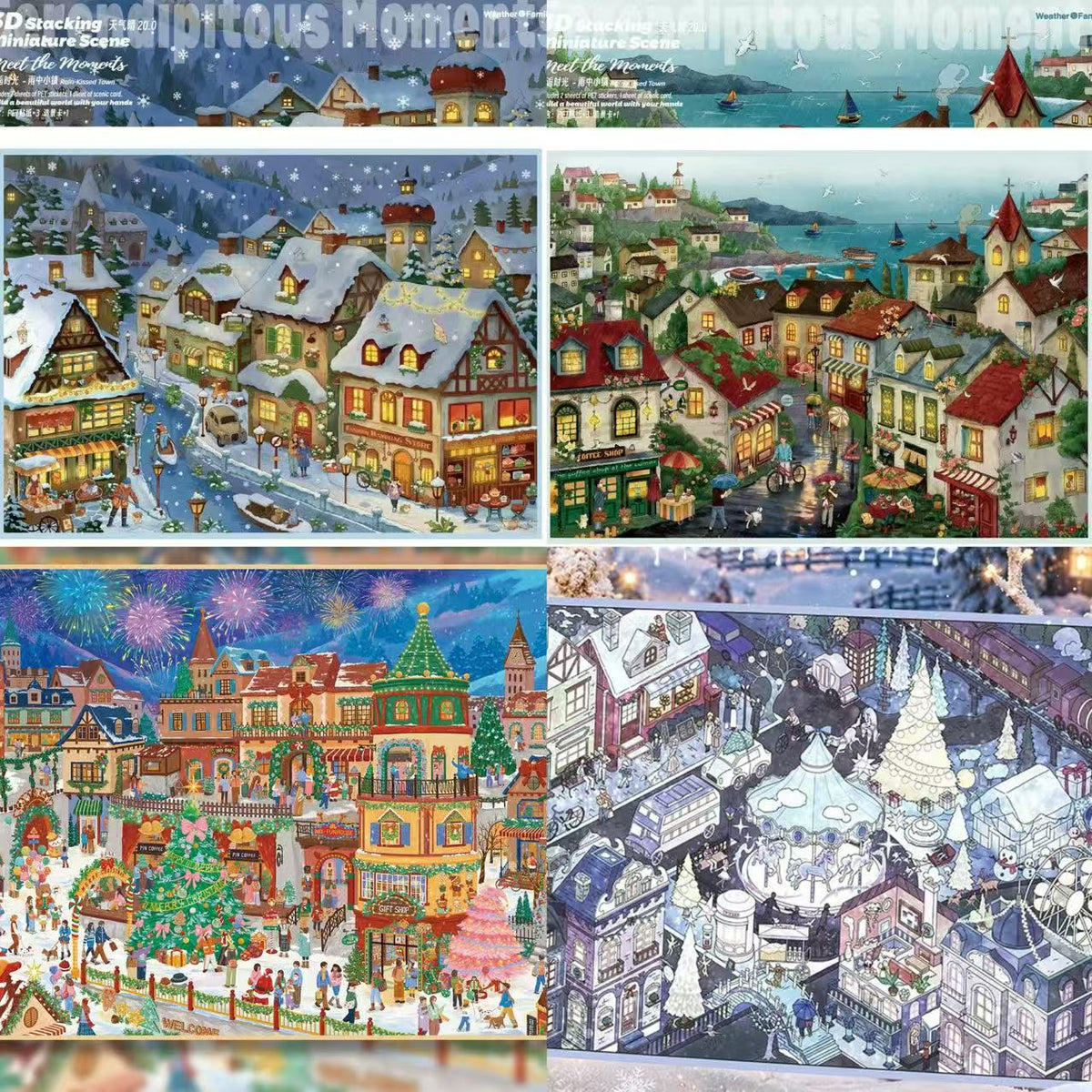 Snowy Night Market Winter 3D Landscape Sticker
