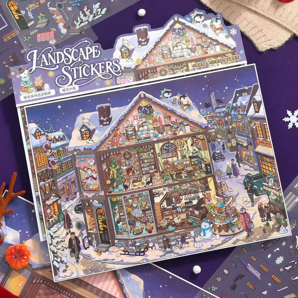 DIY 3D Landscape Stickers Christmas Shop Window Snowy Cottage