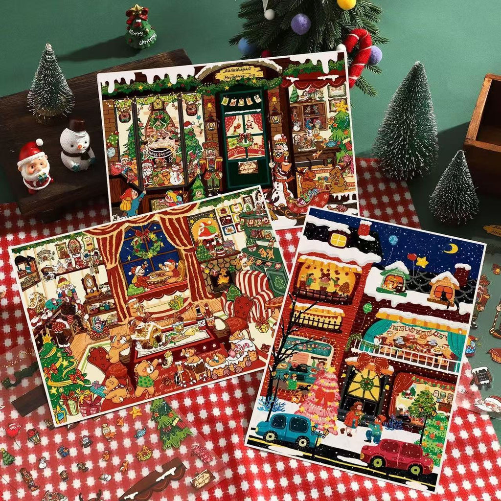 DIY 3D Landscape Stickers Christmas Shop Window Snowy Cottage