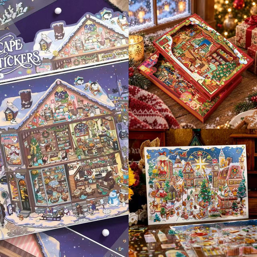 DIY 3D Landscape Stickers Christmas Shop Window Snowy Cottage