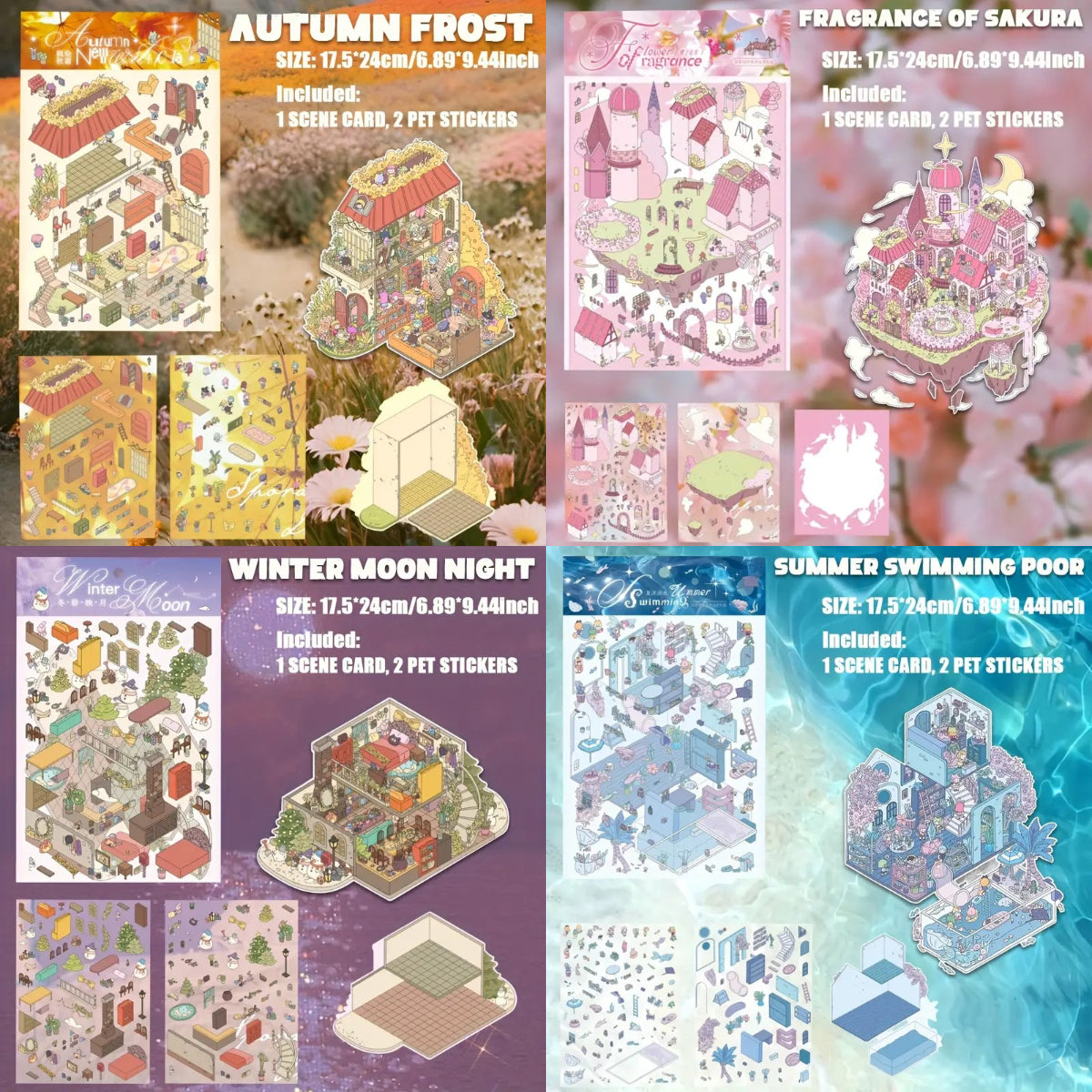DIY Autumn Frost Fragrance of Sakura Winter Moon Night Swimming Pool 3D Sticker Scene