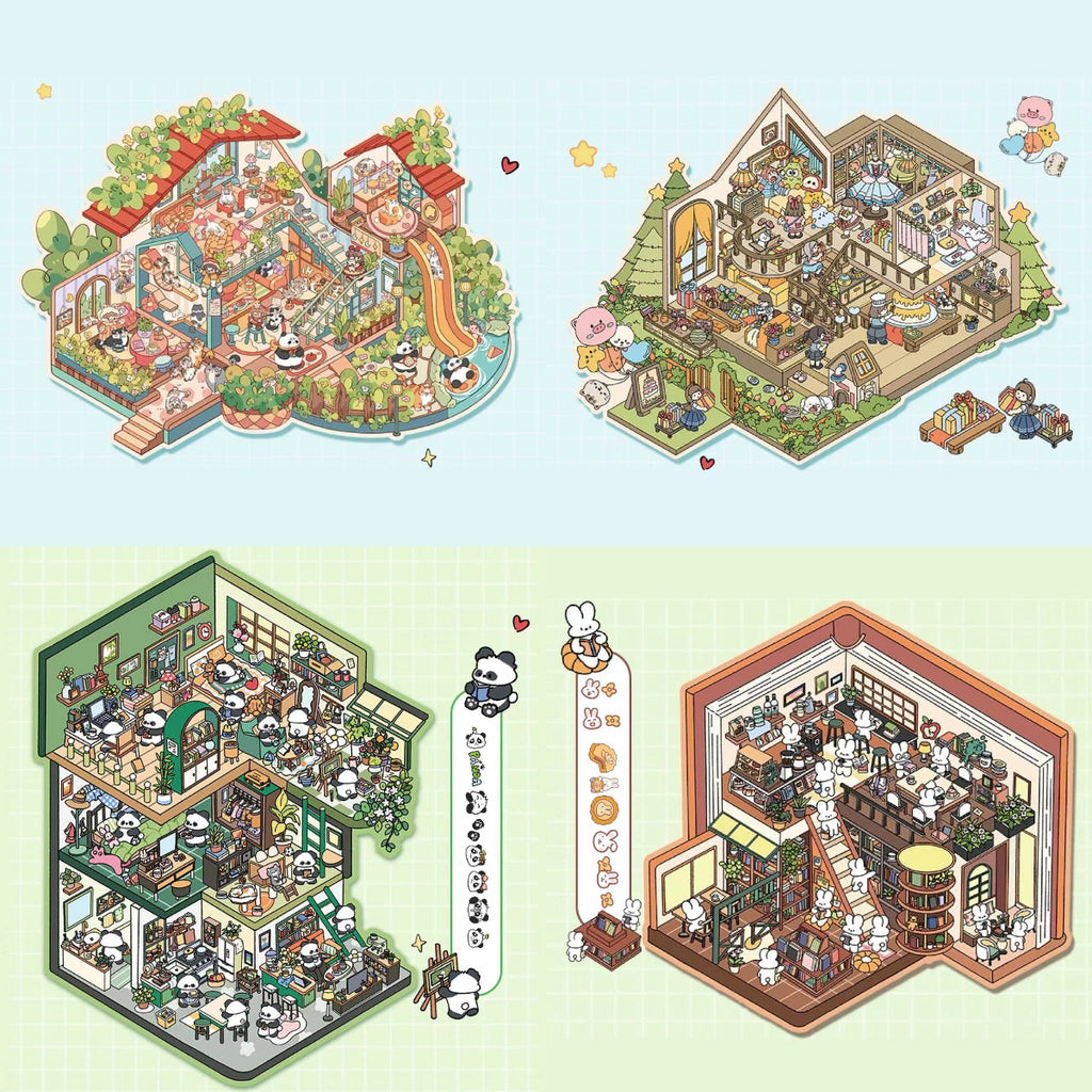 DIY 3D Panda Villa Girls House Bunny Reading Room Scene Stickers