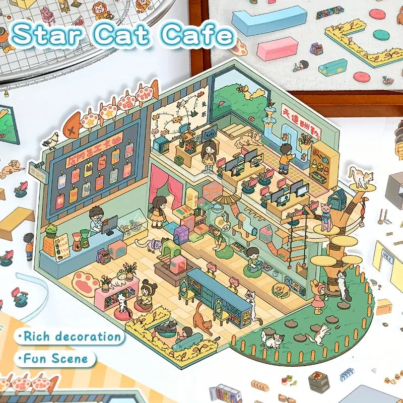 Big Size 3D Sticker Scene, DIY Lion Resturant Cat Cafe