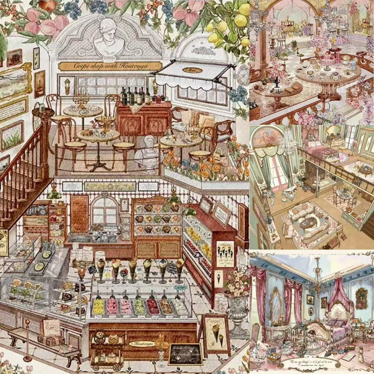 Crepe shop French Rococo-style European Architecture 3D Scene Stickers