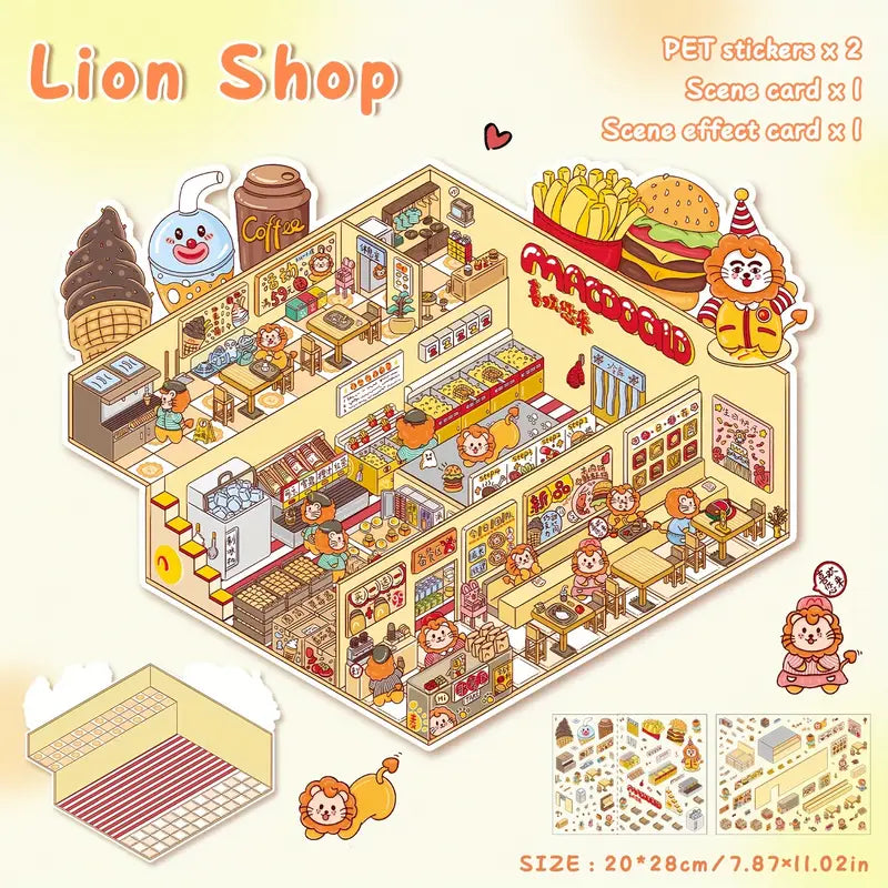 Big Size 3D Sticker Scene, DIY Lion Resturant Cat Cafe