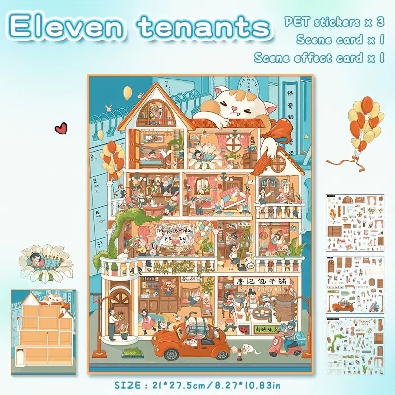 Large Size 3D Scene Stickers The House of 11 Tenants Time Magic