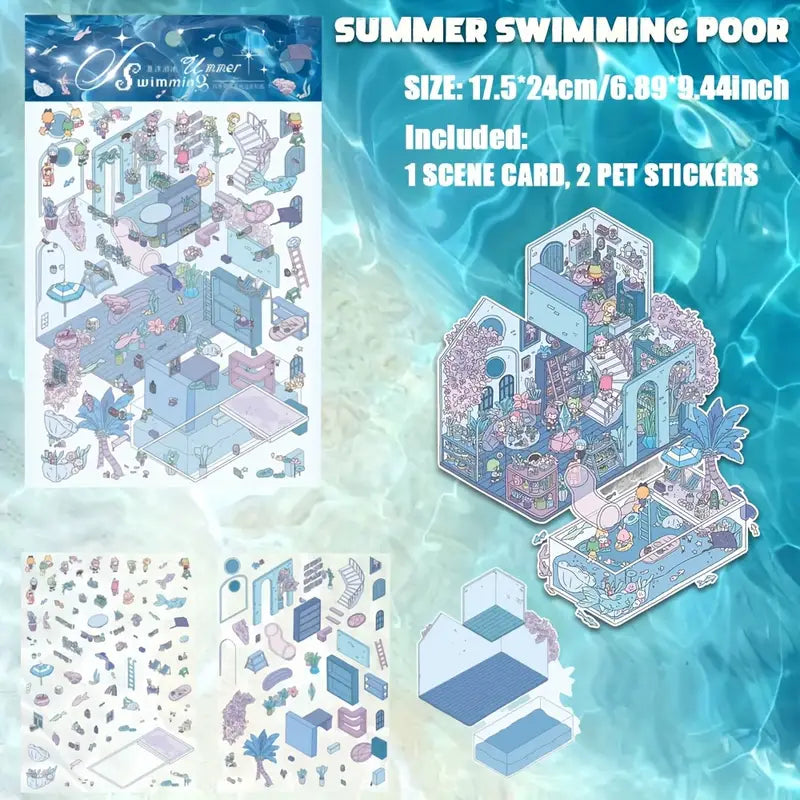 DIY Autumn Frost Fragrance of Sakura Winter Moon Night Swimming Pool 3D Sticker Scene