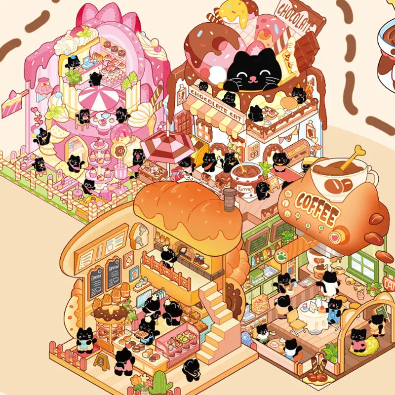 Black Kitty Bakery Coffee Dessert Shop 3D Miniature Landscape Scene Stickers
