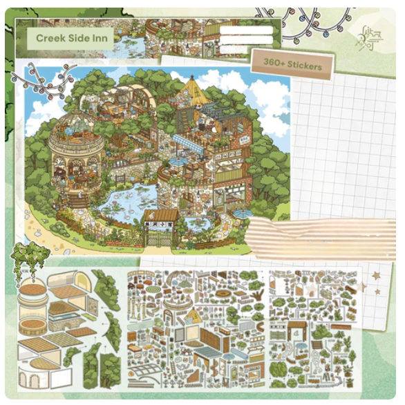 Big Size Sticker Scene Shimmering Jewelry Box Lattice House Apartment lncident Creek Side Inn
