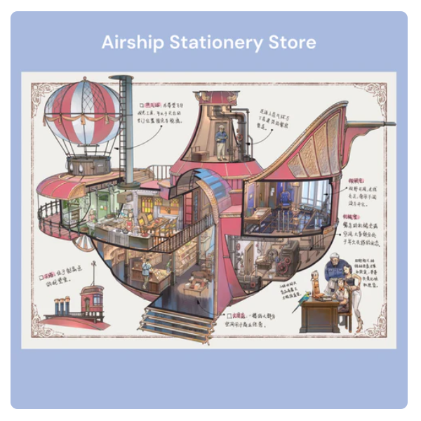 Manuscript Style Garden Street Studio Secret Base Airship Stationery Store Sticker Scene