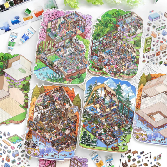 Aesthetic Four Seasons Cottage Scene Stickers