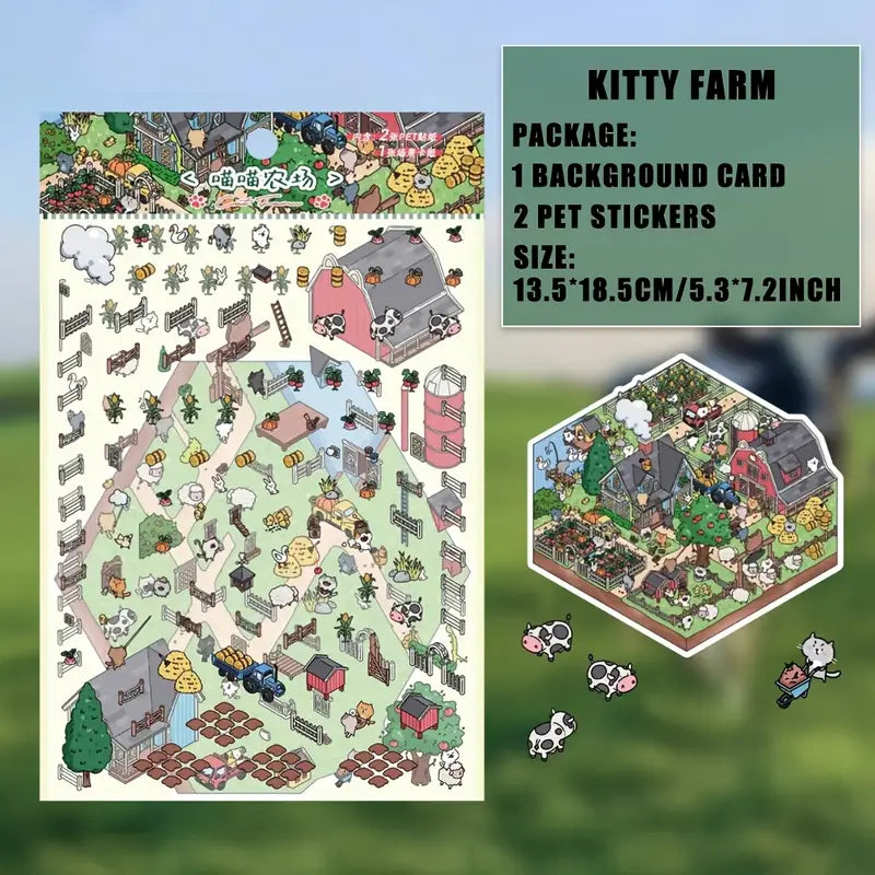 DIY Cute Cat 3D Sticker Scene: Japantwon Cat Farm Breakfast Street Western Town