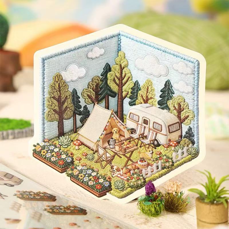 Embroidery 3D Scene Sticker Grassland Village European Town Garden