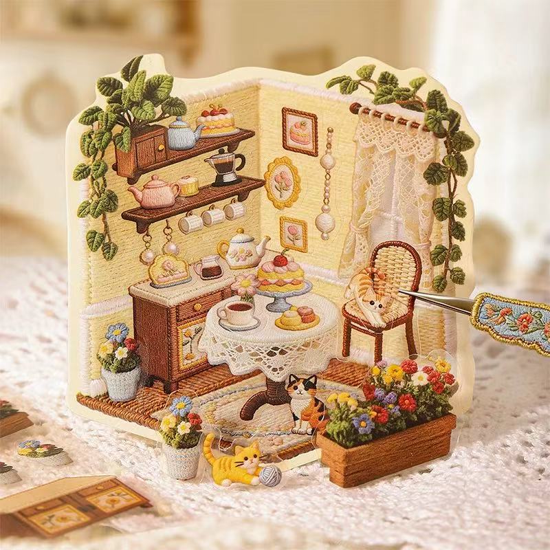 Embroidery 3D Scene Sticker Grassland Village European Town Garden