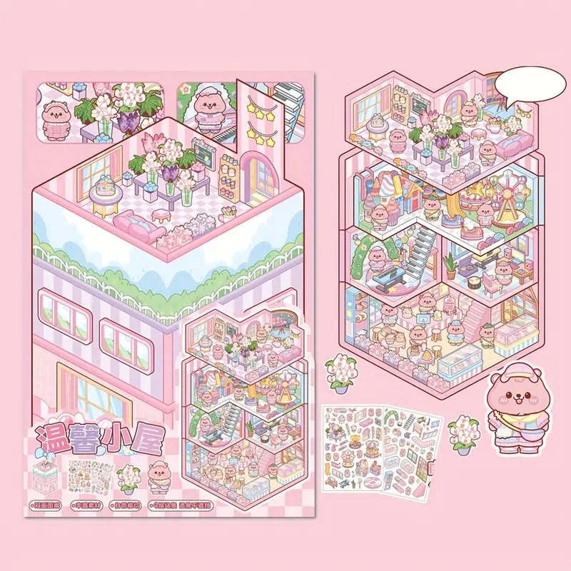 Create 3D Triple-Fold House Stickers Capybara Hot Spring Gourmet Hut Panda Courtyard