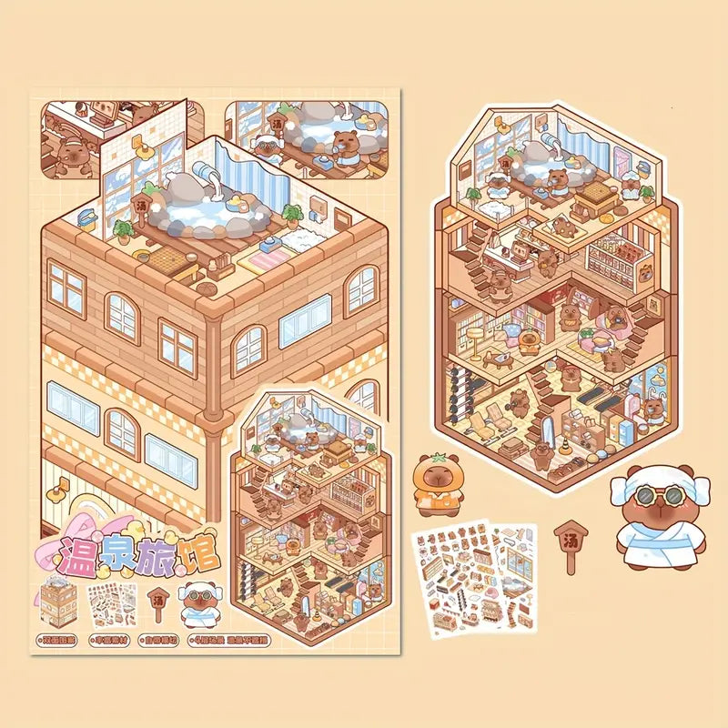 Create 3D Triple-Fold House Stickers Capybara Hot Spring Gourmet Hut Panda Courtyard