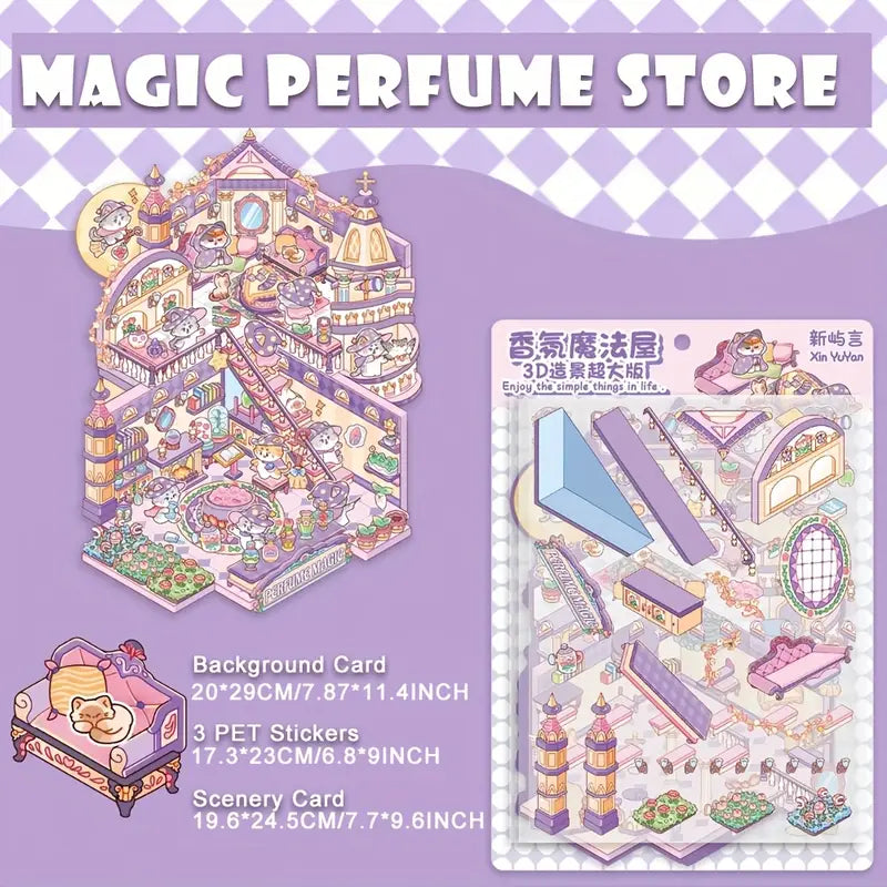 Big Size Scenery Stickers, DIY Magic Perfume Store Panda Tea House Amusement Park