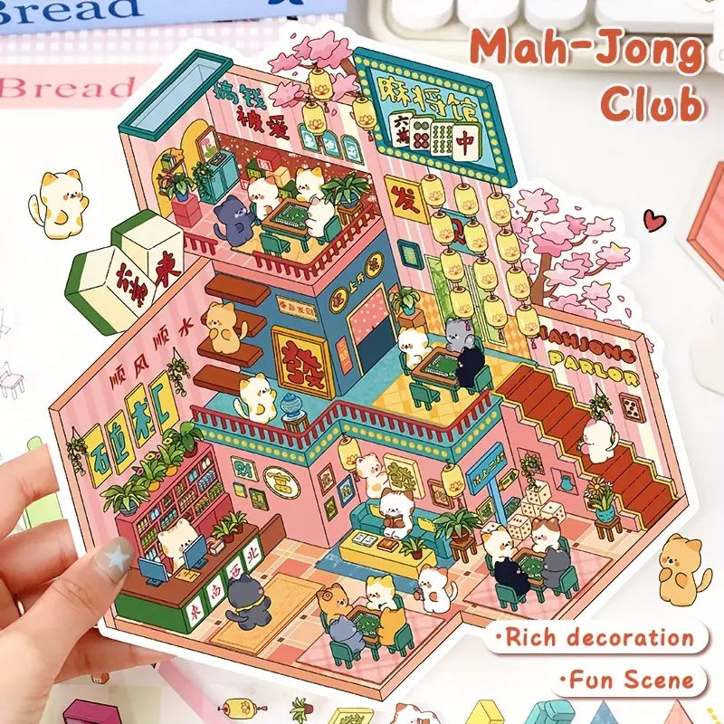 3D Miniature Scene Stickers Create Warm Cabin Mahjong Parlor